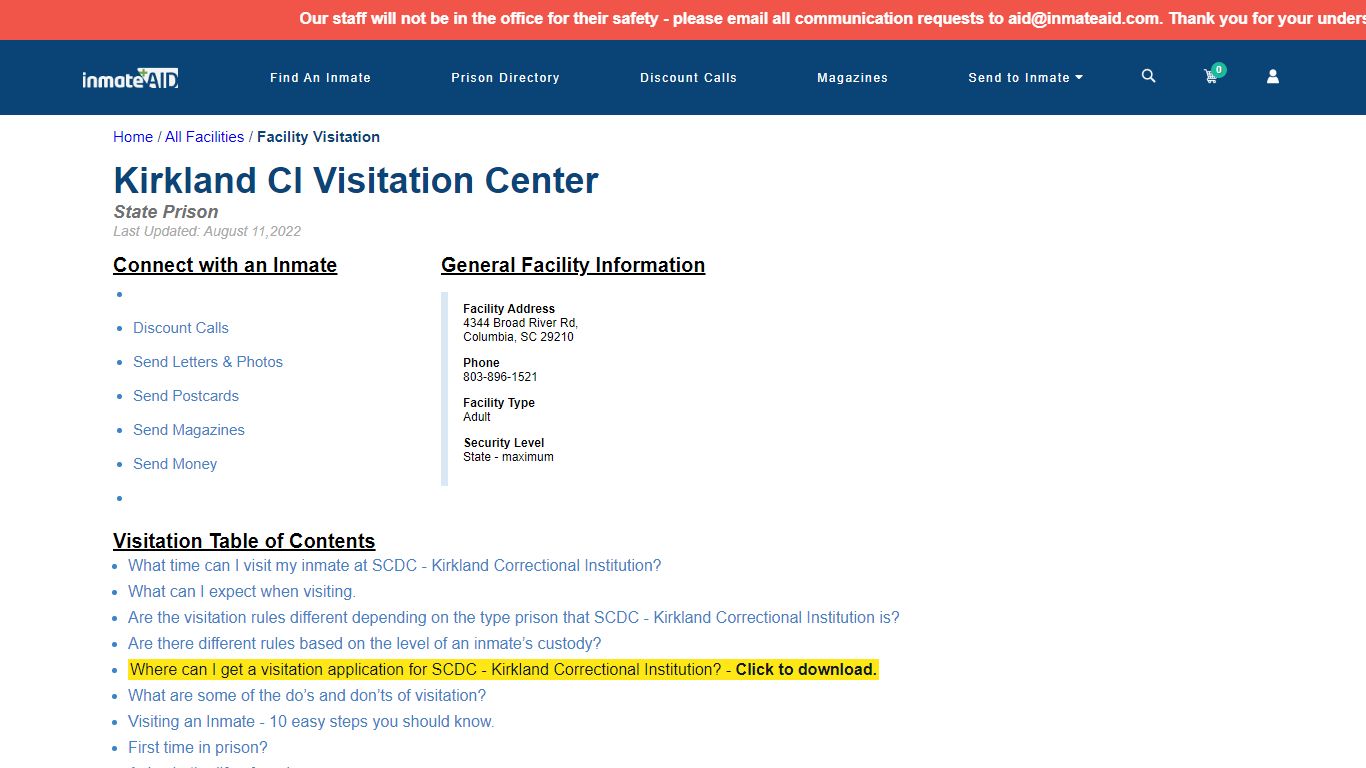 SCDC - Kirkland Correctional Institution | Visitation, dress code ...