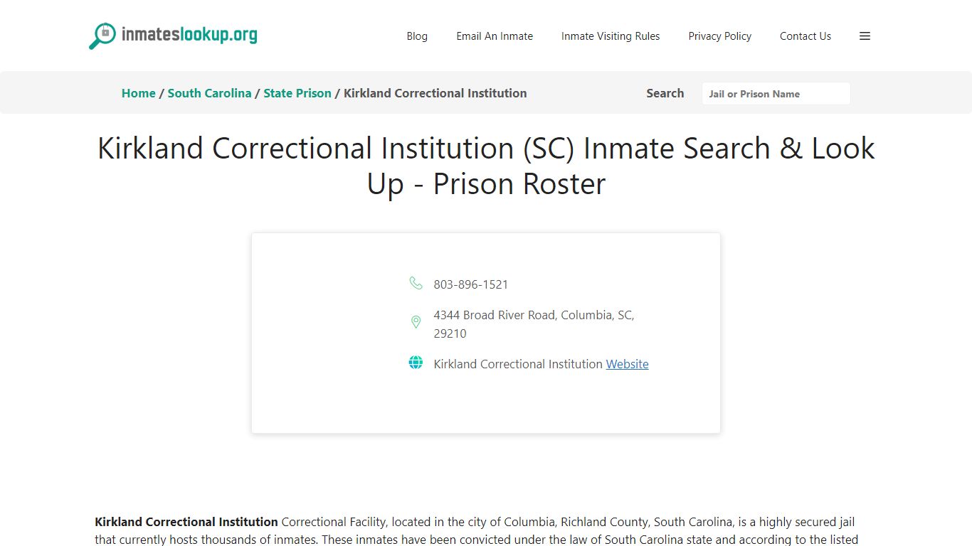 Kirkland Correctional Institution (SC) Inmate Search & Look Up - Prison ...